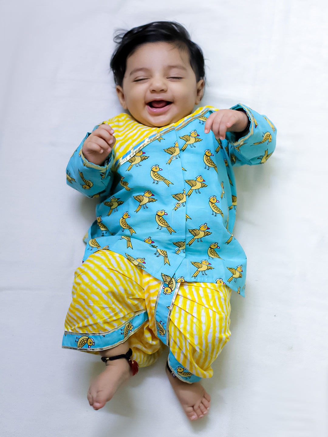 BownBee Chatty Parrot Dhoti Kurta & Sweet Talker Lehanga Choli Sibling Set -Yellow/Blue
