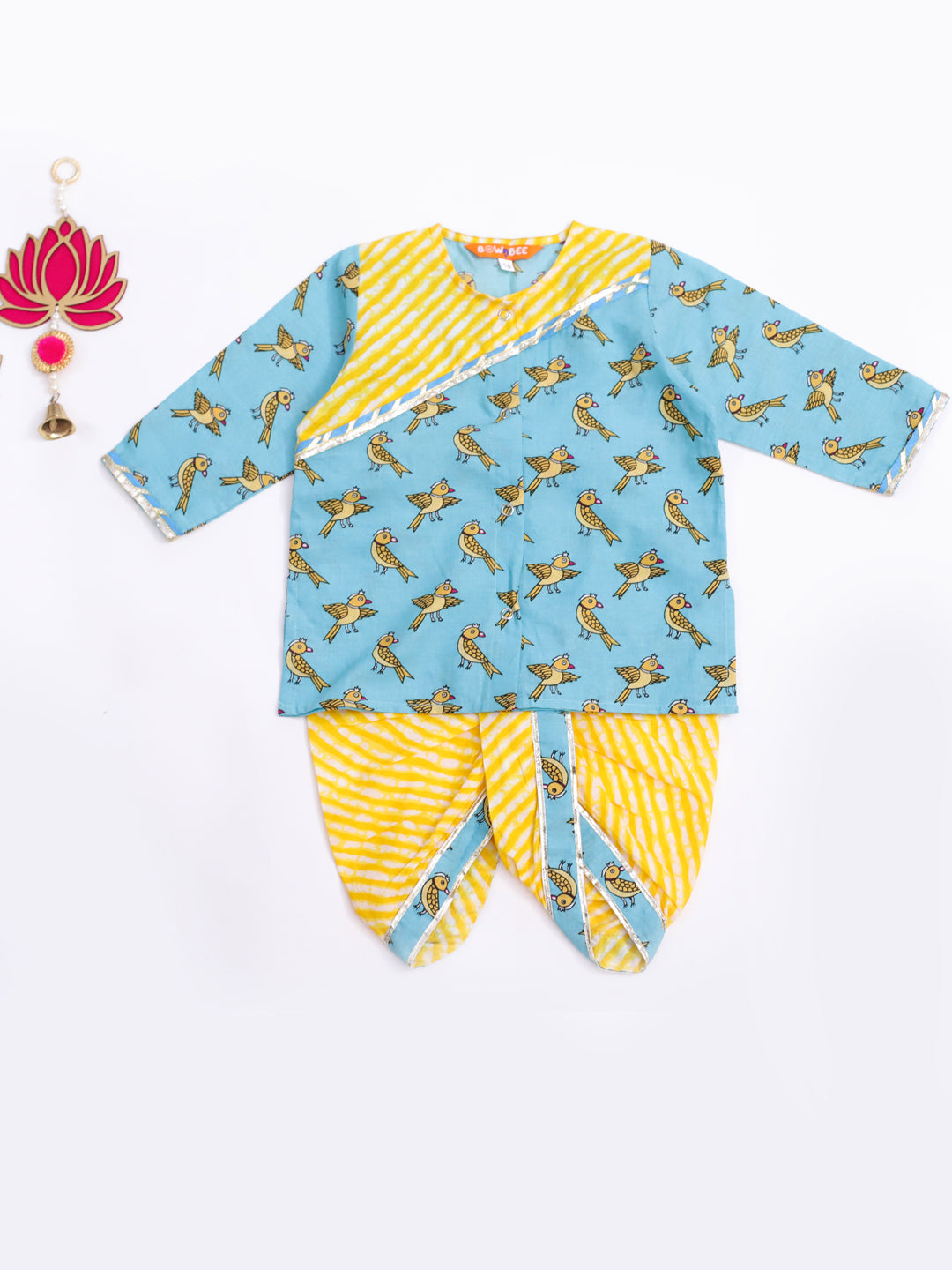 BownBee Chatty Parrot Dhoti Kurta & Sweet Talker Lehanga Choli Sibling Set -Yellow/Blue