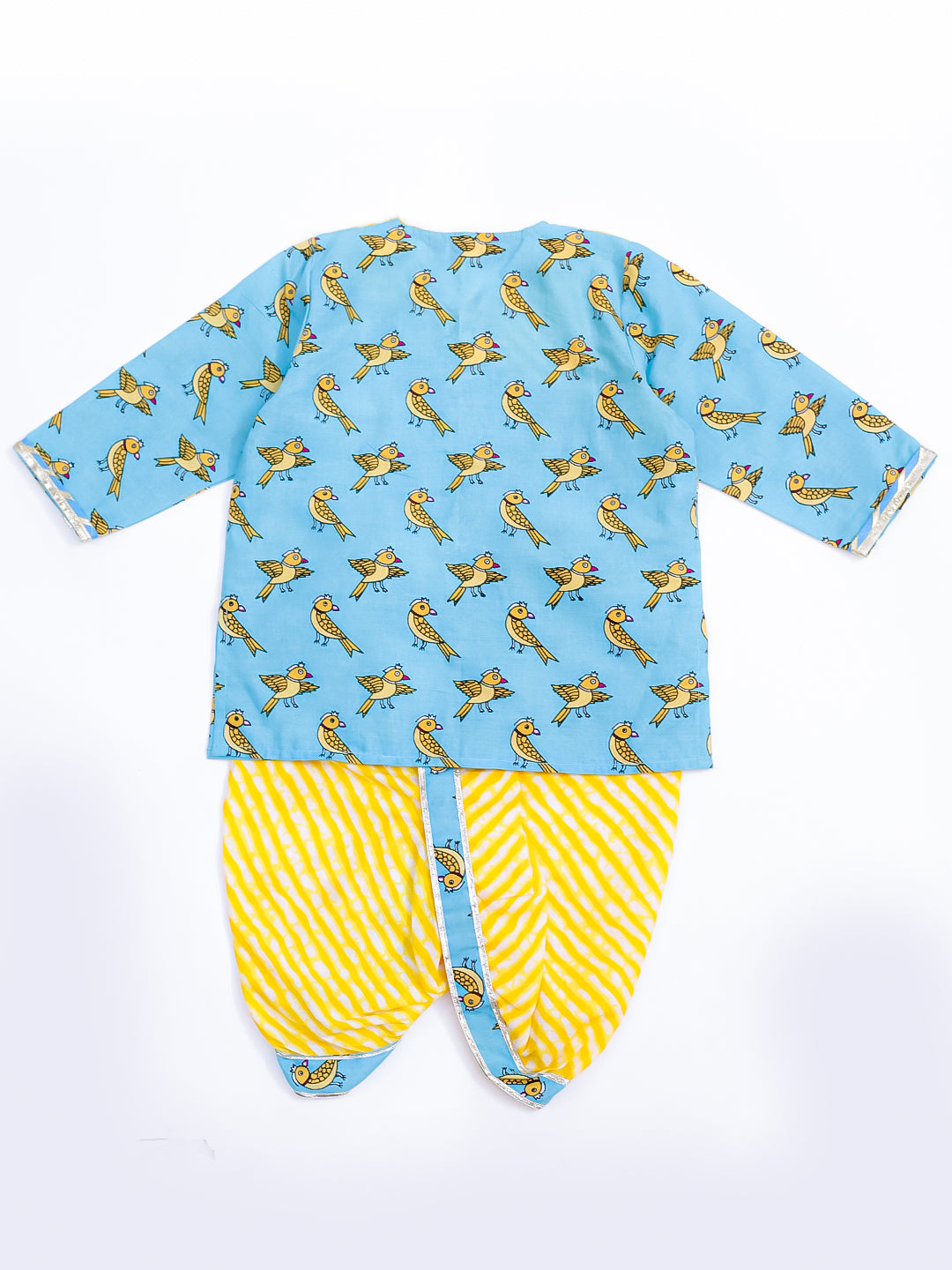 BownBee Chatty Parrot Dhoti Kurta & Sweet Talker Lehanga Choli Sibling Set -Yellow/Blue