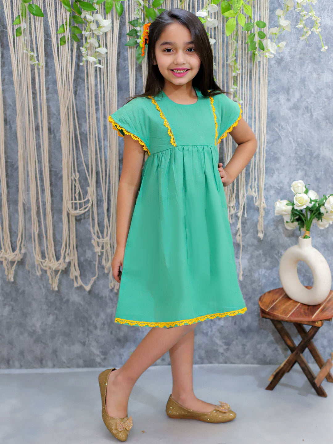 BownBee Pure Cotton Panelled Summer Frock for Girls- Green