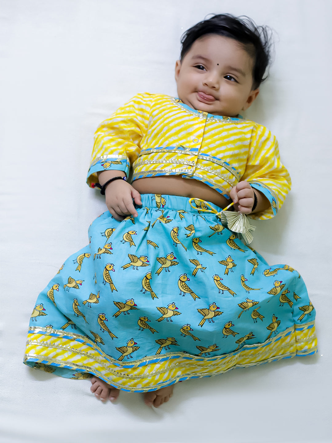 BownBee Chatty Parrot Dhoti Kurta & Sweet Talker Lehanga Choli Sibling Set -Yellow/Blue