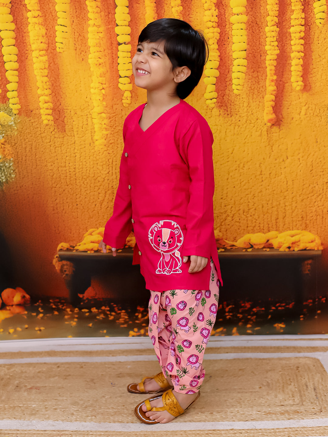 BownBee Pure Cotton Embroidery Kurta with Printed Dhoti for Boys- Pink