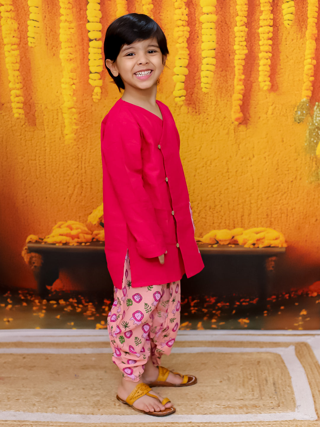 BownBee Pure Cotton Embroidery Kurta with Printed Dhoti for Boys- Pink