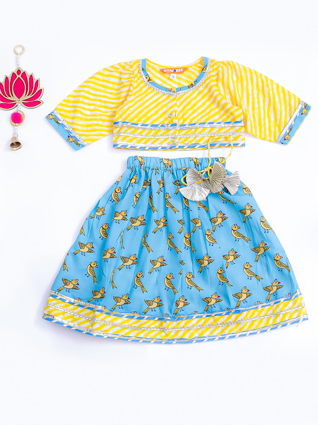 BownBee Chatty Parrot Dhoti Kurta & Sweet Talker Lehanga Choli Sibling Set -Yellow/Blue