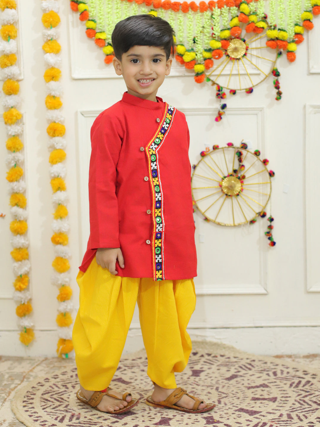 BownBee Embroidered Cotton Kurtawith Dhoti for Boys- Red with Embroidered Cotton Top with Dhoti for Girls- Red