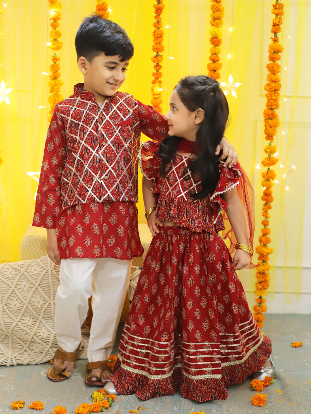 BownBee Sibling Sets Pure Cotton Printed Kurta Pajama with Jacket for Boys and Lehenga Choli with Dupatta for Girls -Red