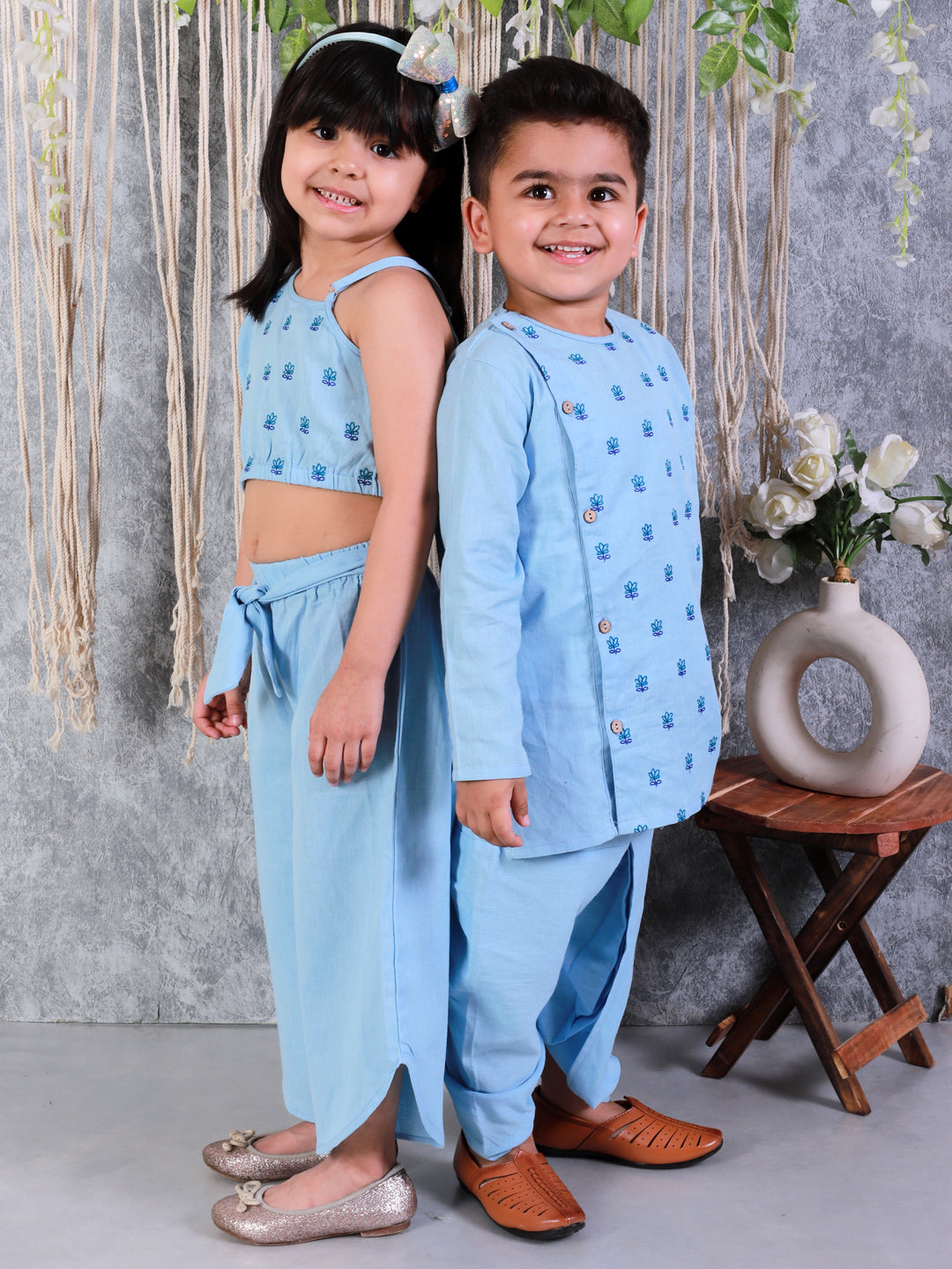 BownBee Sibling Set Embroidered Full Sleeve Pure Cotton Kurta with Dhoti for Boys and Cotton Embroidered Top with Palazzo Pants for Girls- Blue