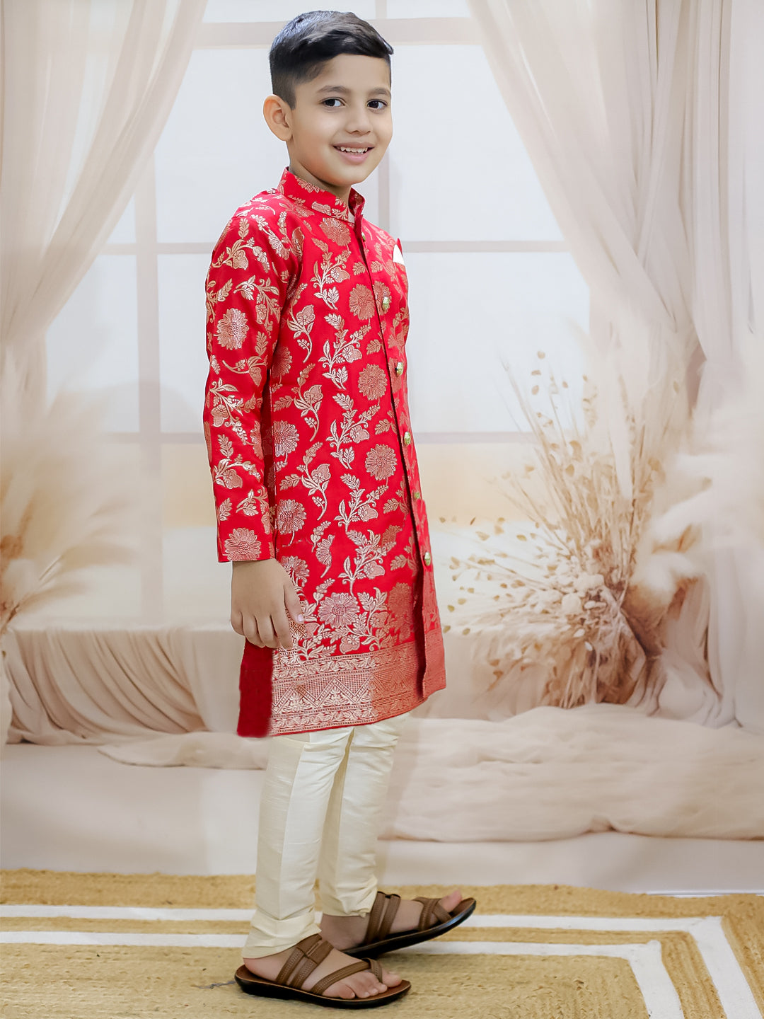 BownBee Front Open Jacquard Sherwani with Pajama Set for Boys