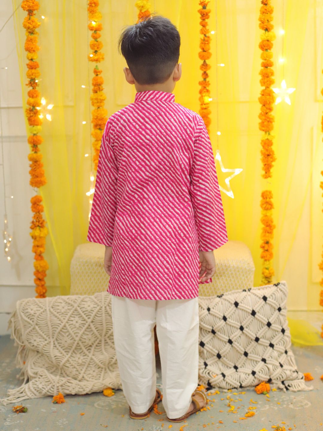 BownBee Pure Cotton Printed Leheriya Kurta Pajama for Boys- Pink
