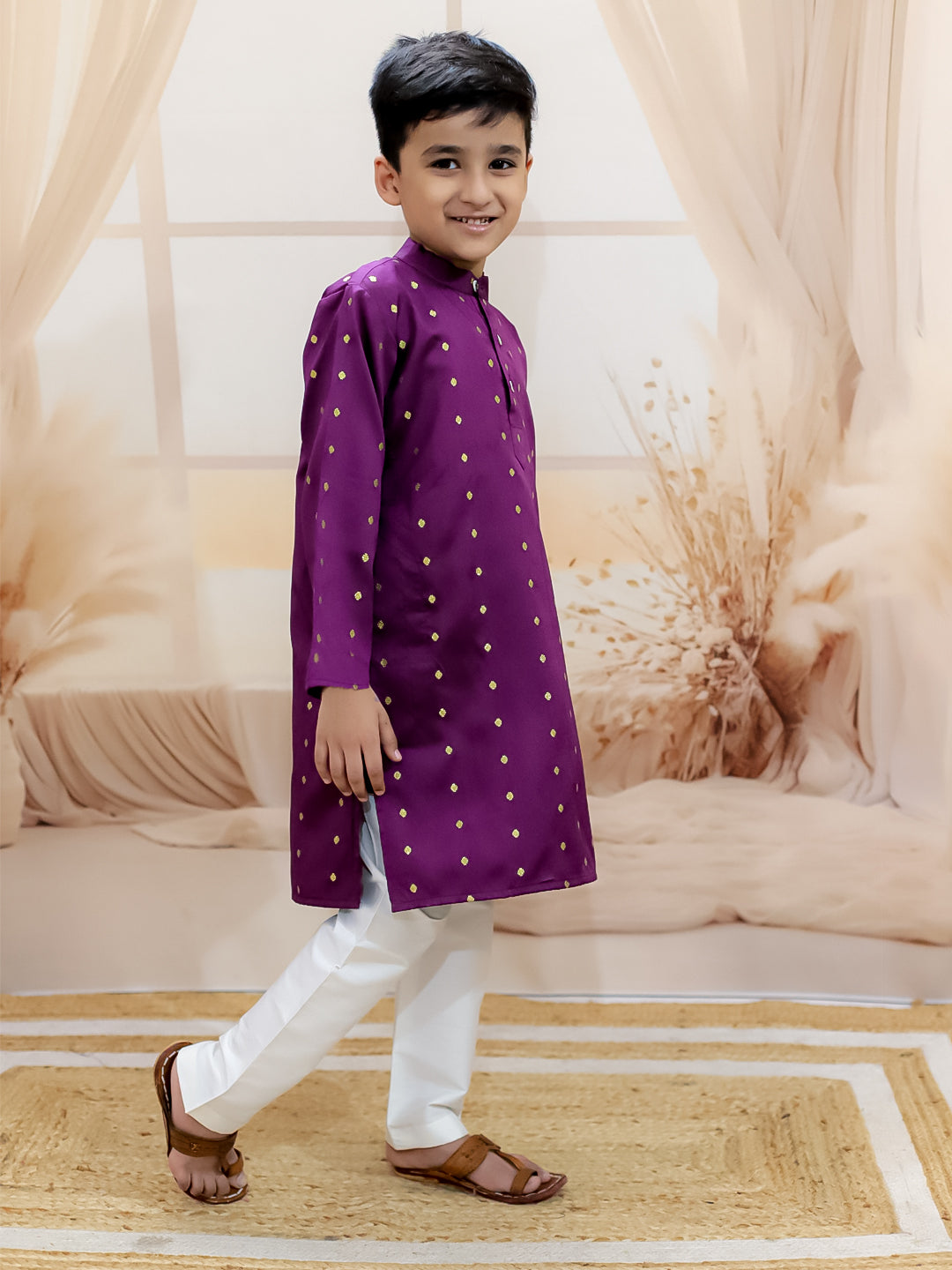 BownBee Malang zari kurta Pyjama & Dhunki Zari Kurta With Tulip Salwaar With Net Dupatta Sibling Set - Purple