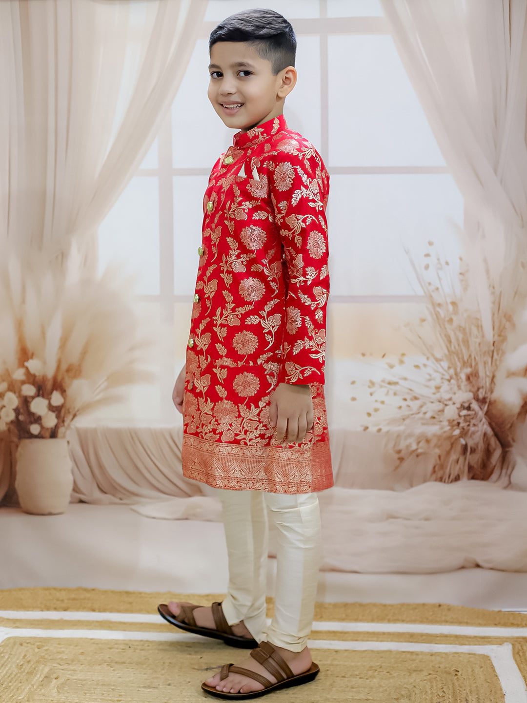 BownBee Front Open Jacquard Sherwani with Pajama Set for Boys