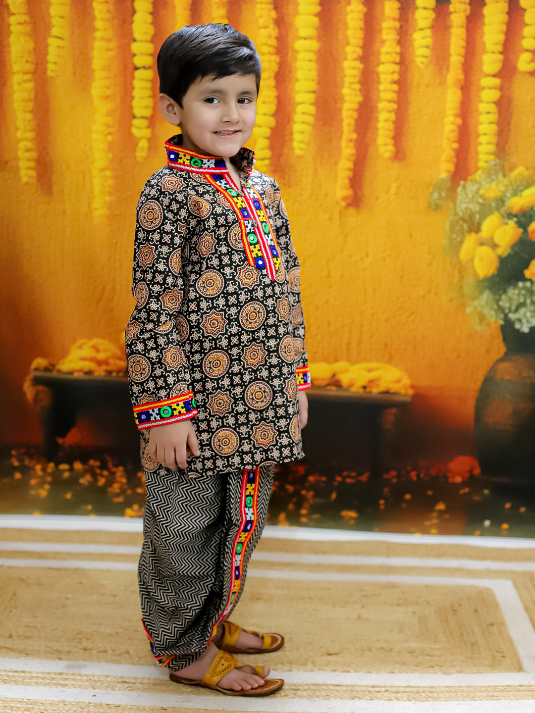 BownBee  Embroidered Printed Cotton Kurta Dhoti Set for Boys- Black