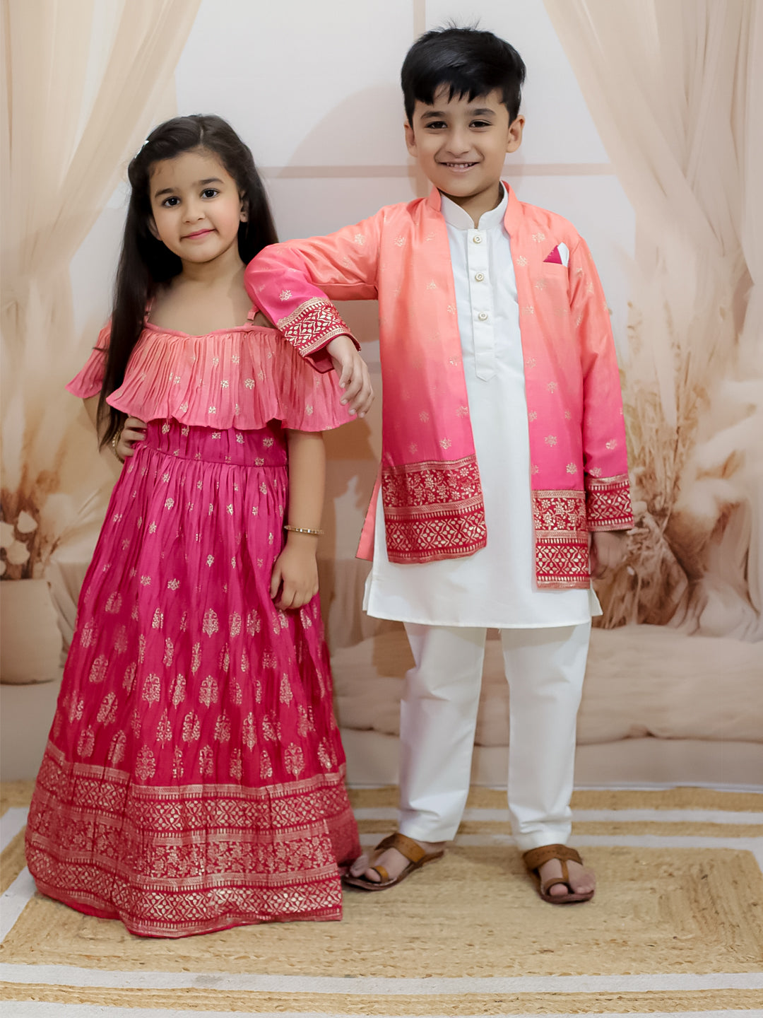 BownBee Sibling Set Shaded Long Jacket with Cotton Kurta Pajama with Off Shoulder Gown Dress
