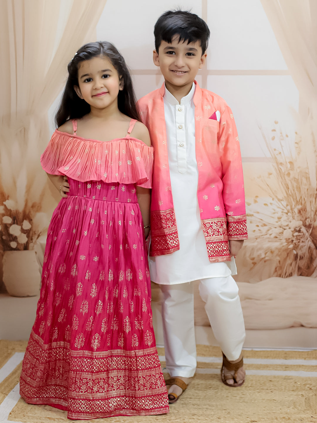 BownBee Sibling Set Shaded Long Jacket with Cotton Kurta Pajama with Off Shoulder Gown Dress