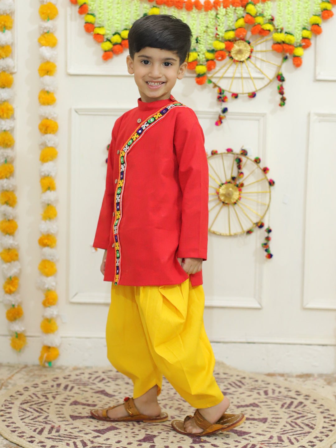 BownBee Embroidered Cotton Kurtawith Dhoti for Boys- Red with Embroidered Cotton Top with Dhoti for Girls- Red