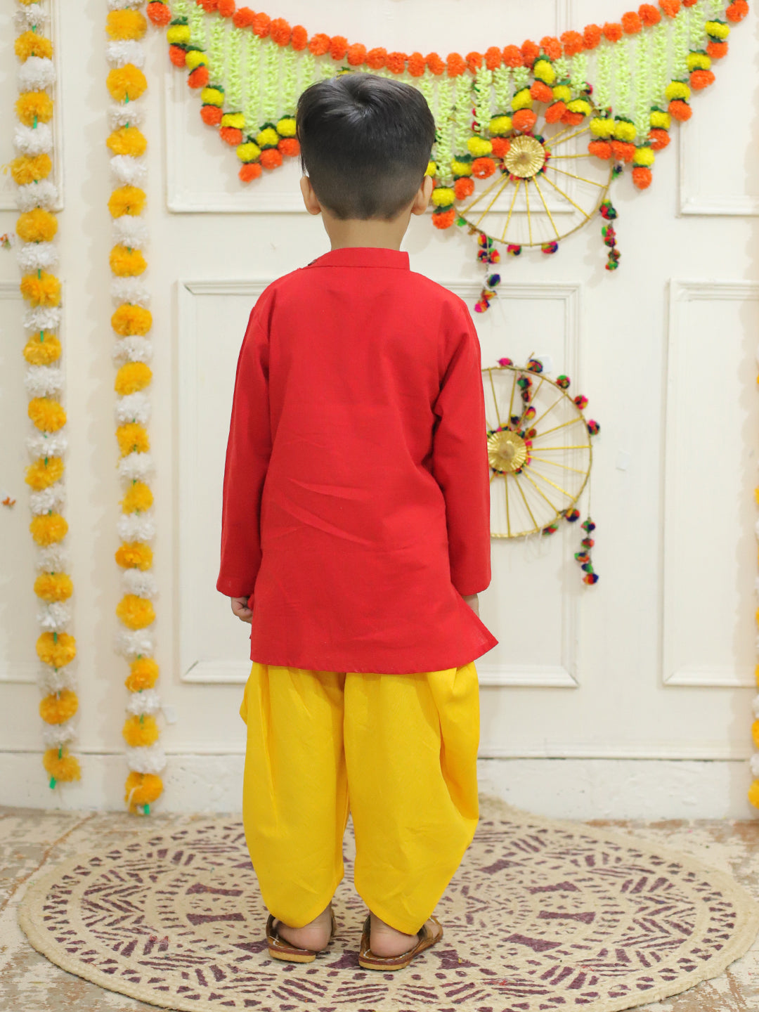 BownBee Embroidered Cotton Kurtawith Dhoti for Boys- Red with Embroidered Cotton Top with Dhoti for Girls- Red