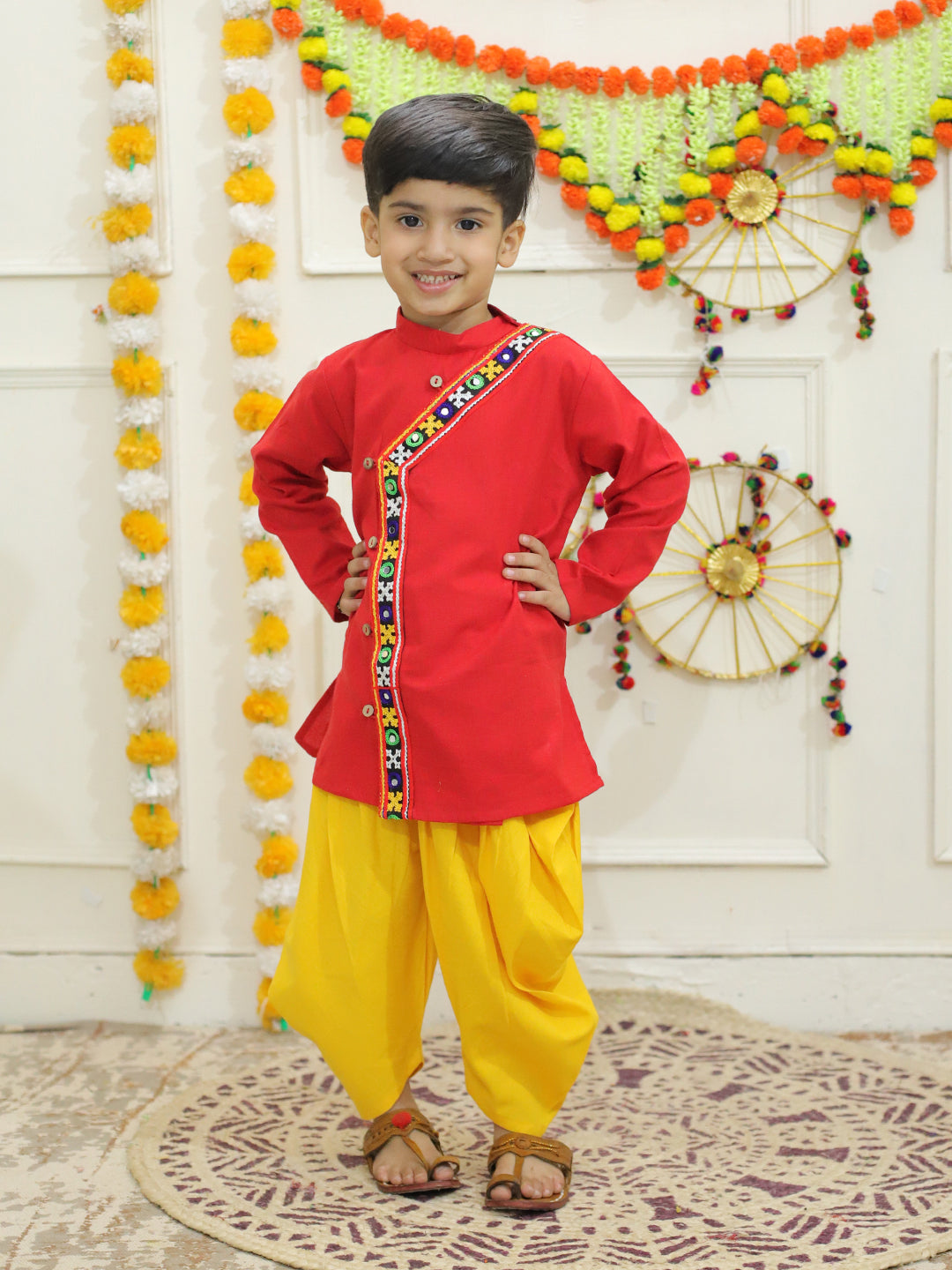 BownBee Embroidered Cotton Kurtawith Dhoti for Boys- Red with Embroidered Cotton Top with Dhoti for Girls- Red