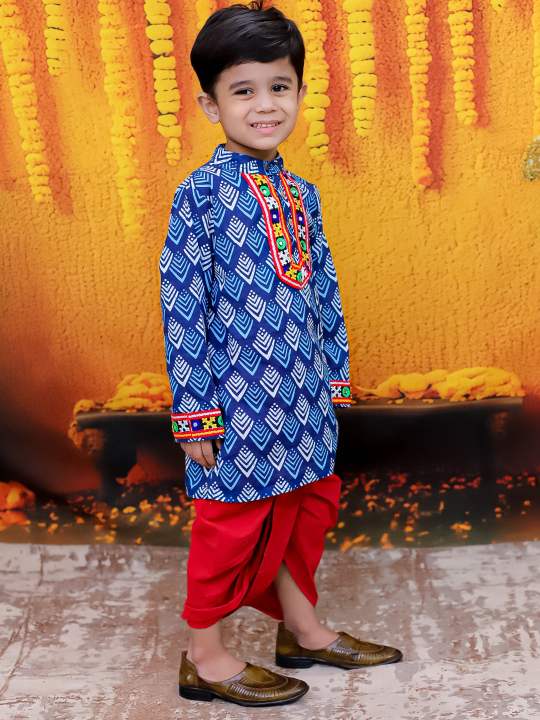 BownBee Falak  Mirror Work Dhoti Kurta Set For Boys - Blue