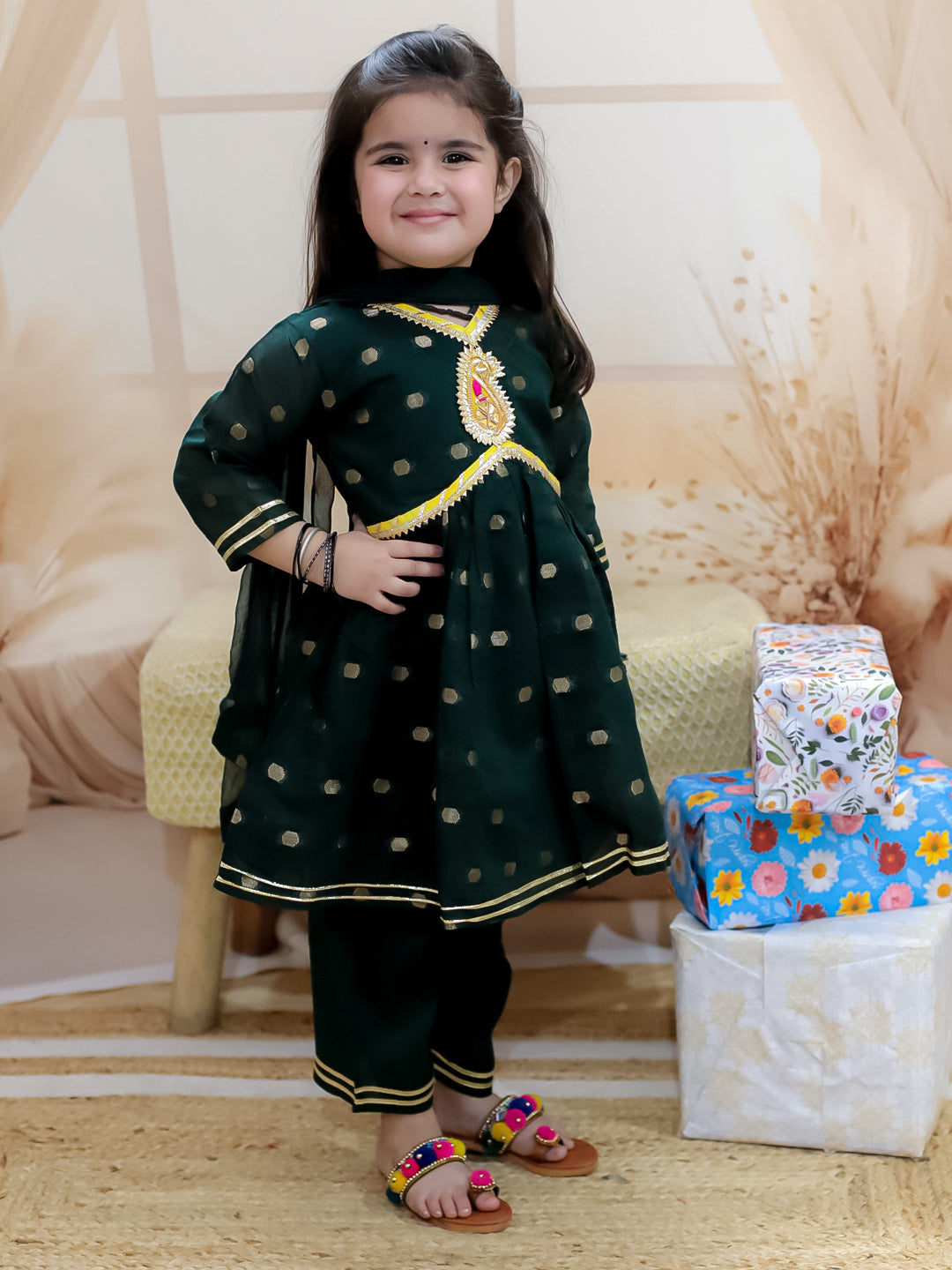 BownBee Sibling Set Chanderi Booti Front Open Sherwani Dhoti with Kurti Pant Dupatta- Green