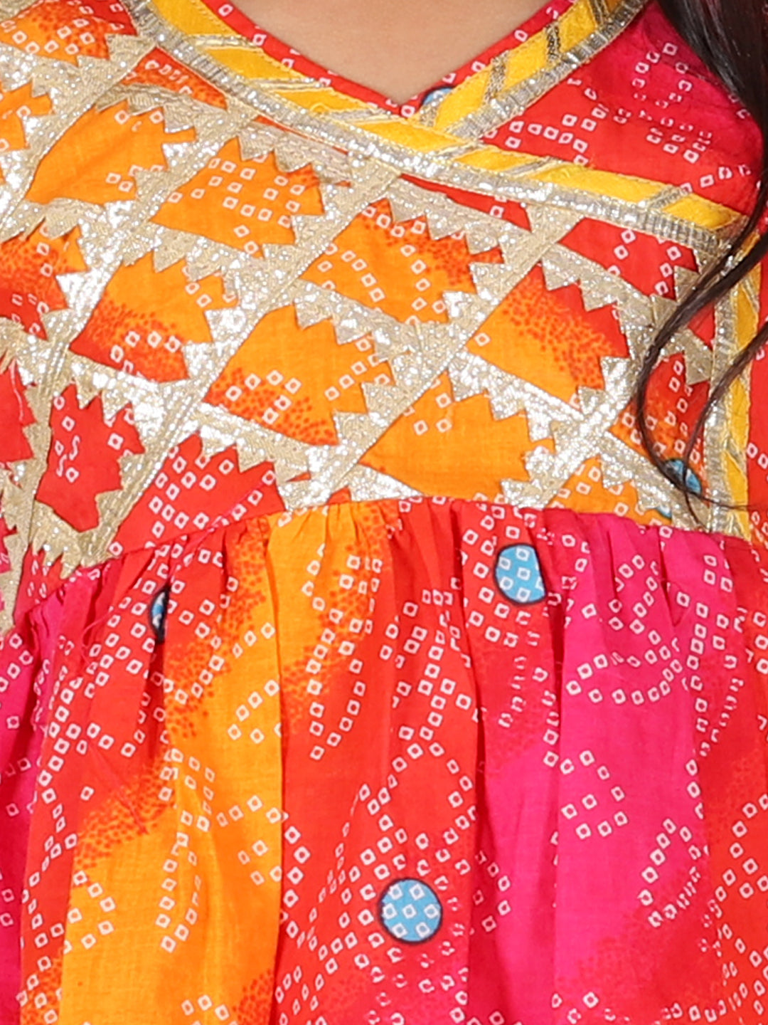 BownBee Pure Cotton Ethnic Bandhani Print Sleeveless Frill Lehenga Choli for Girls- Red