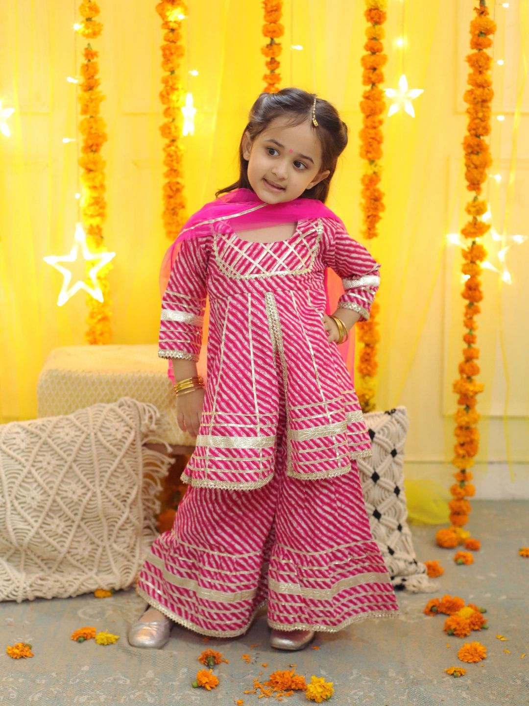 BownBee Pure Cotton Printed Kurta Sharara with Dupatta for Girls- Pink