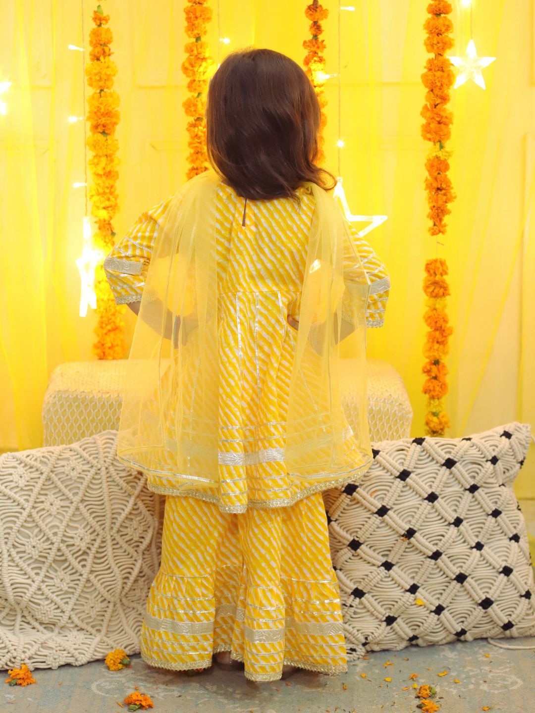 BownBee Pure Cotton Printed Kurta Sharara with Dupatta for Girls- Yellow