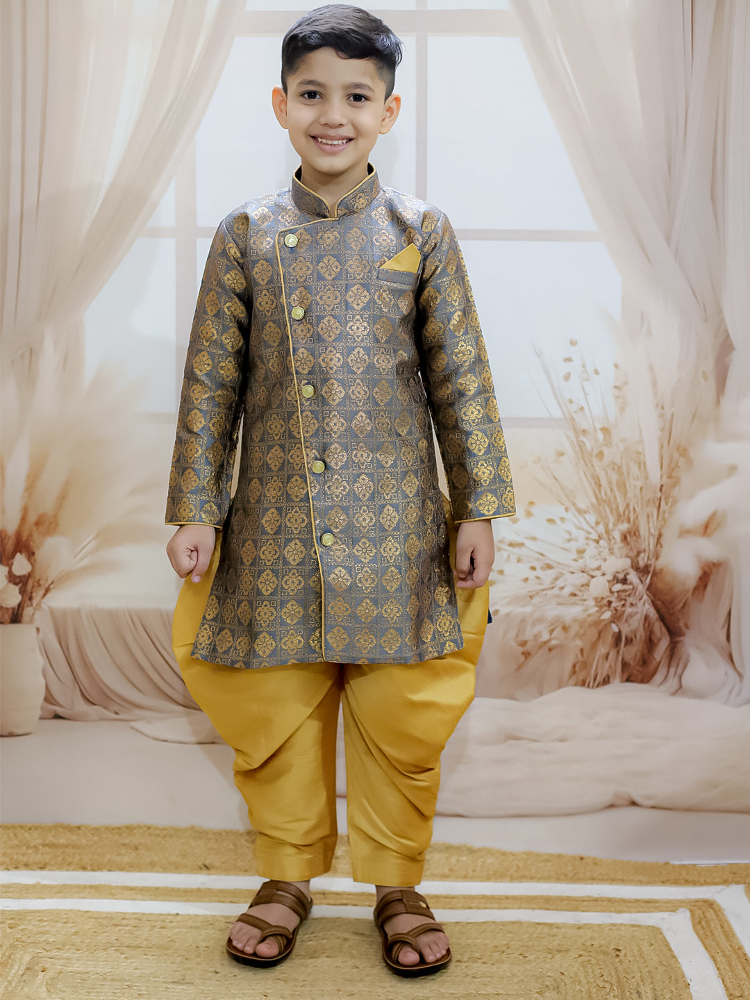 Bownbee Jacquard Full Sleeve Sherwani with Salwar for Boys- Gray