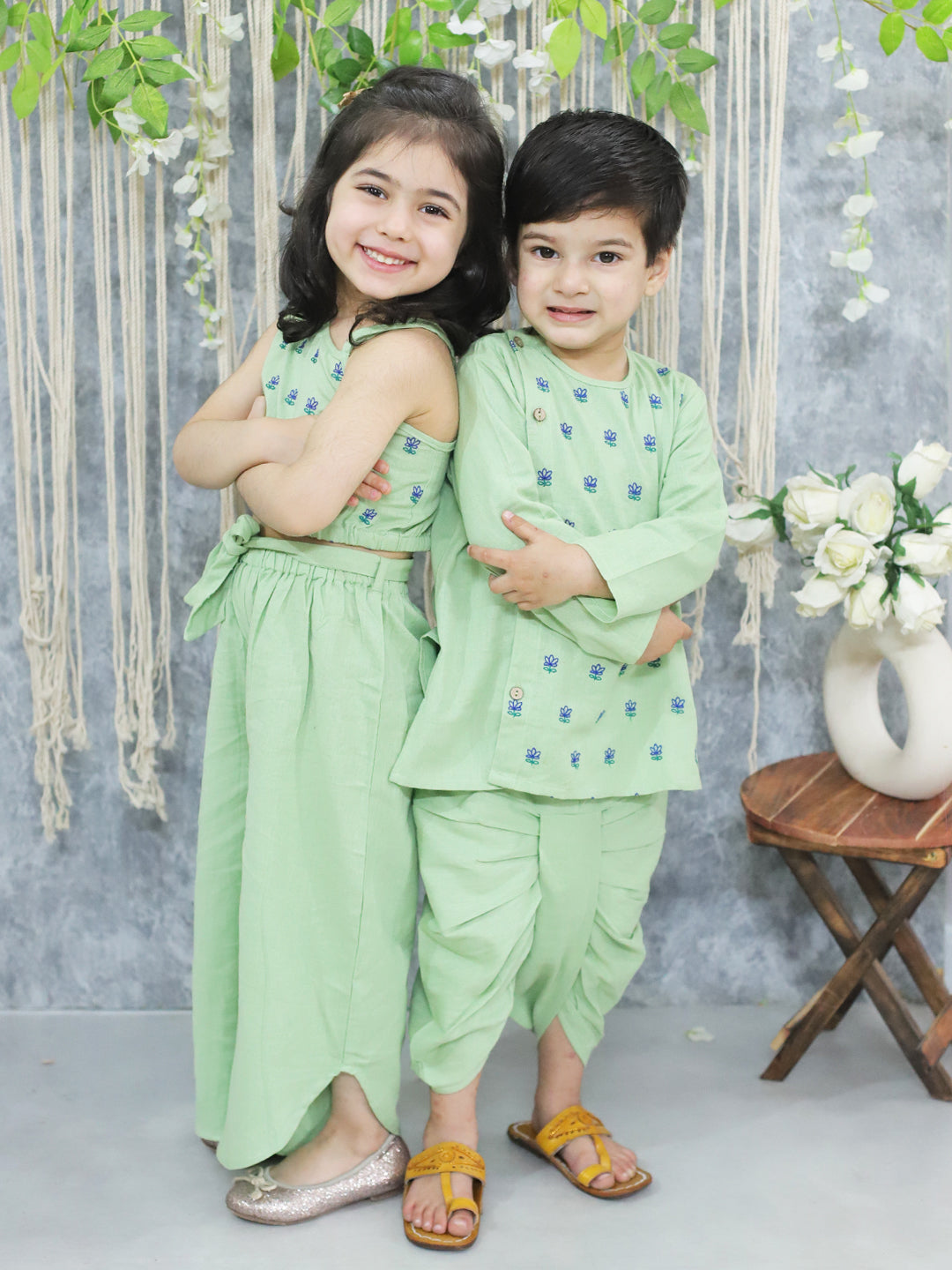 BownBee Sibling Set Embroidered Full Sleeve Pure Cotton Kurta with Dhoti for Boys and Cotton Embroidered Top with Palazzo Pants for Girls- Green