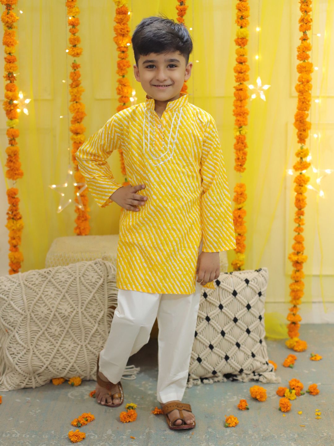 BownBee Pure Cotton Printed Leheriya Kurta Pajama for Boys- Yellow