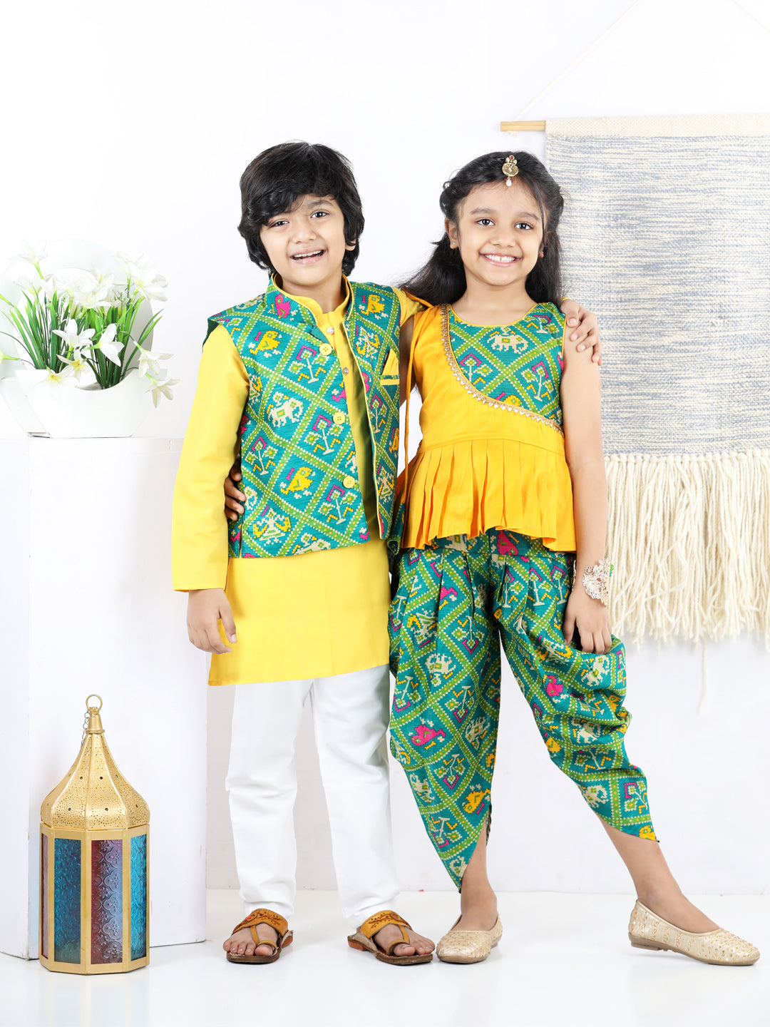 BownBee Sibling set of Patan Patola Jacket Kurta Pajama and Patch Top and Dhoti-Yellow