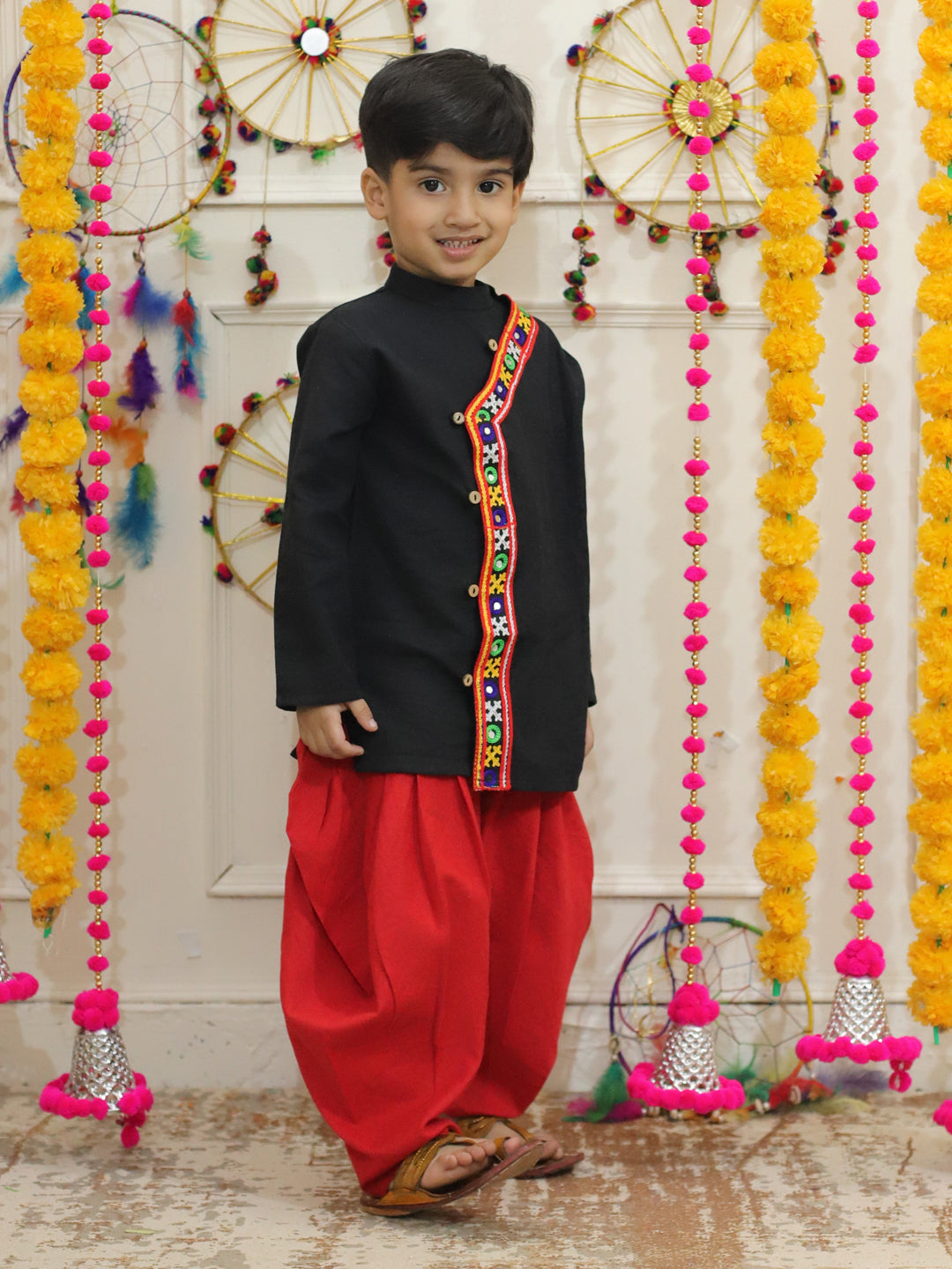 BownBee Embroidered Cotton Kurtawith Dhoti for Boys- Black with Embroidered Cotton Top with Dhoti for Girls- Black