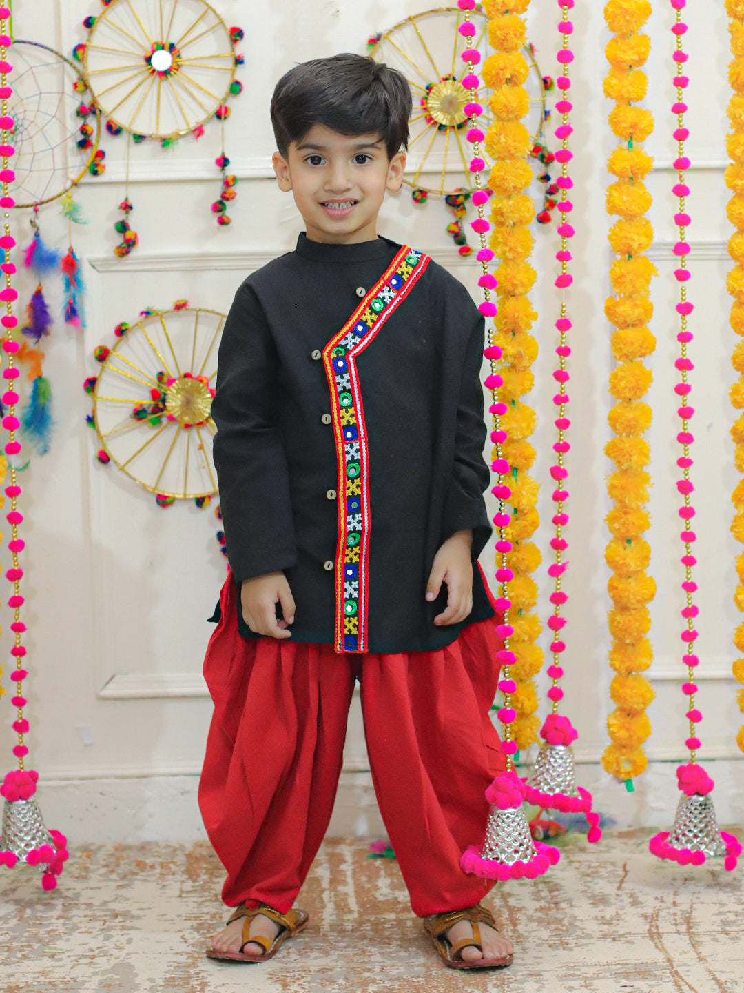 BownBee Embroidered Cotton Kurtawith Dhoti for Boys- Black with Embroidered Cotton Top with Dhoti for Girls- Black