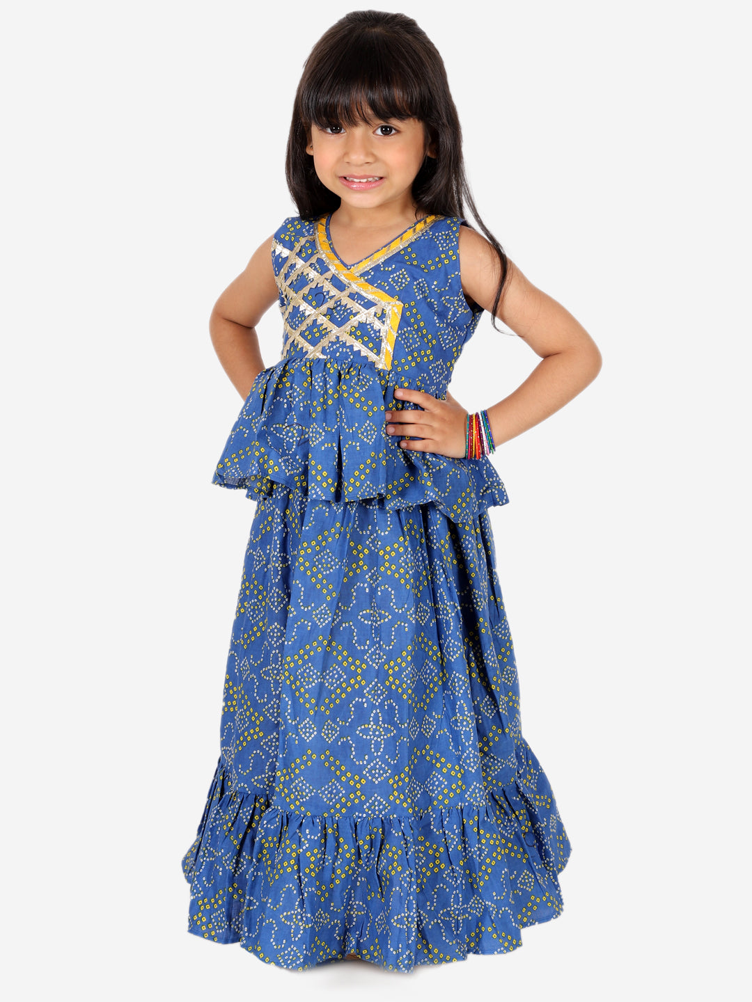 BownBee Pure Cotton Ethnic Bandhani Print Sleeveless Frill Lehenga Choli for Girls- Blue