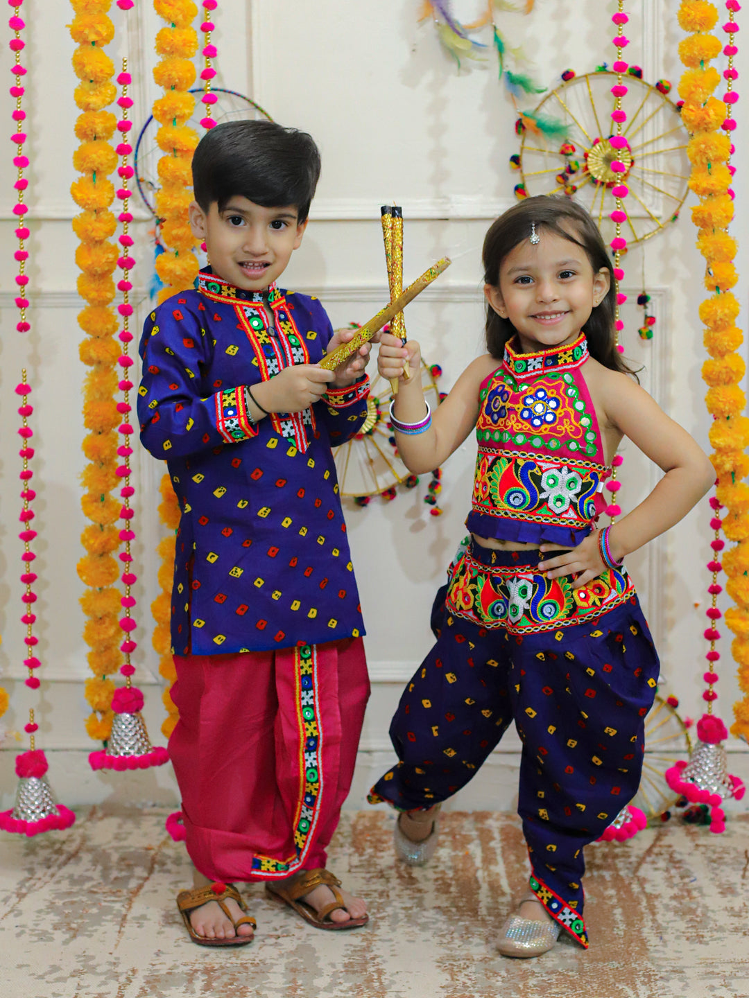 BownBee Blue Bandhani Cotton Dhoti Kurta Set and Choli with Dhoti for Kids