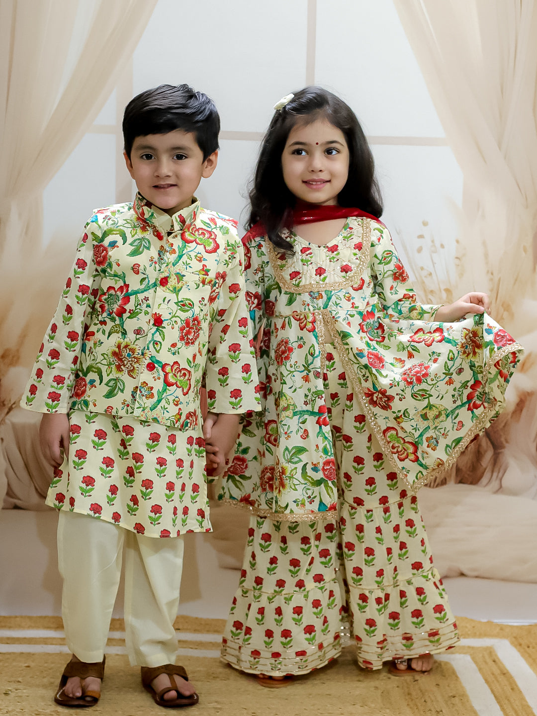 BownBee Pure Cotton Printed Kurta Pajama and Jacket Set for Boys with Pure Cotton Kurta Sharara Dupatta Set for Girls - Off White