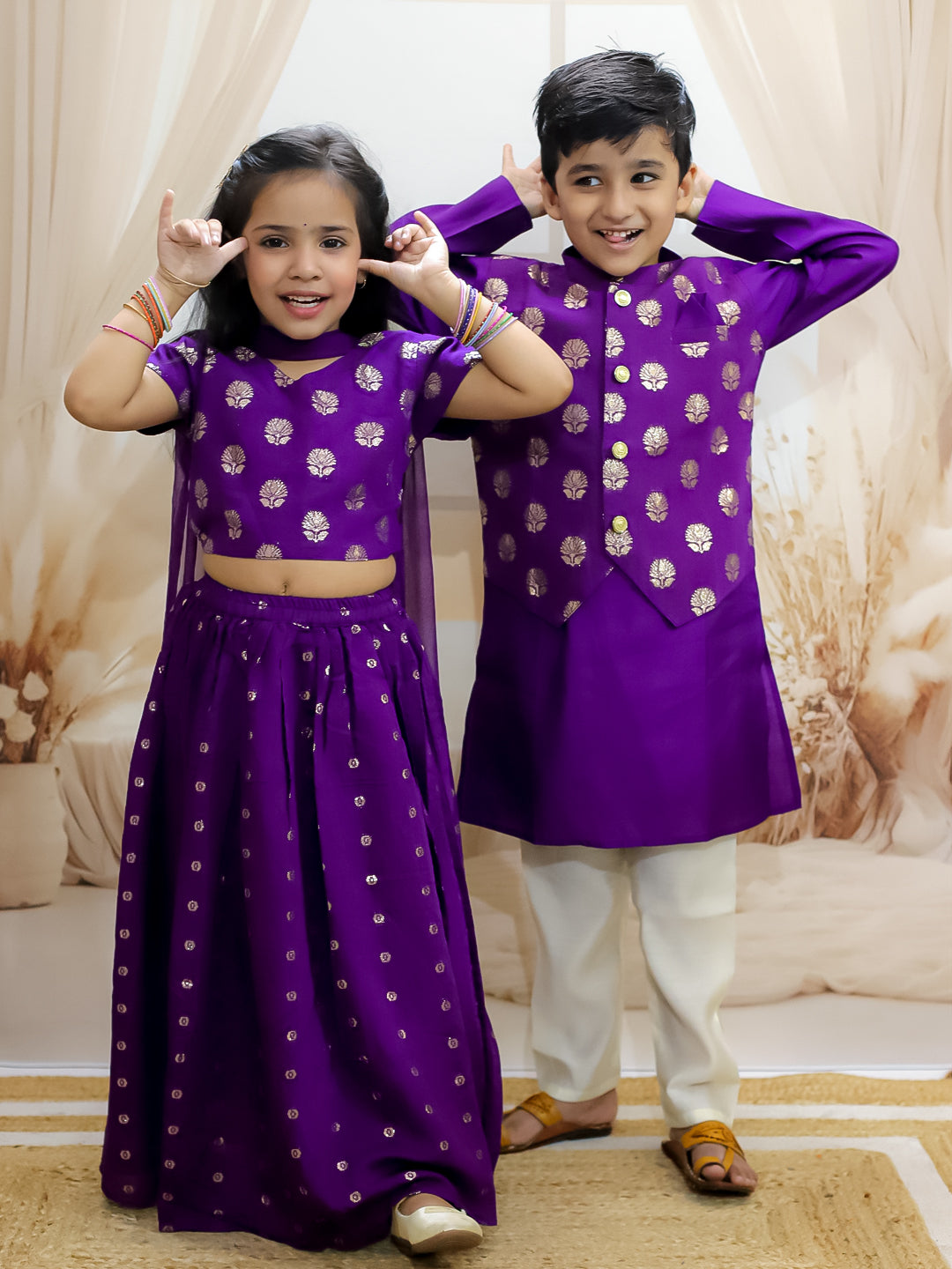 BownBee Chanderi Jacqurd Attached Jacket Kurta Pajama for Boys with Lehenga Choli Dupatta Set for Girls - Purple
