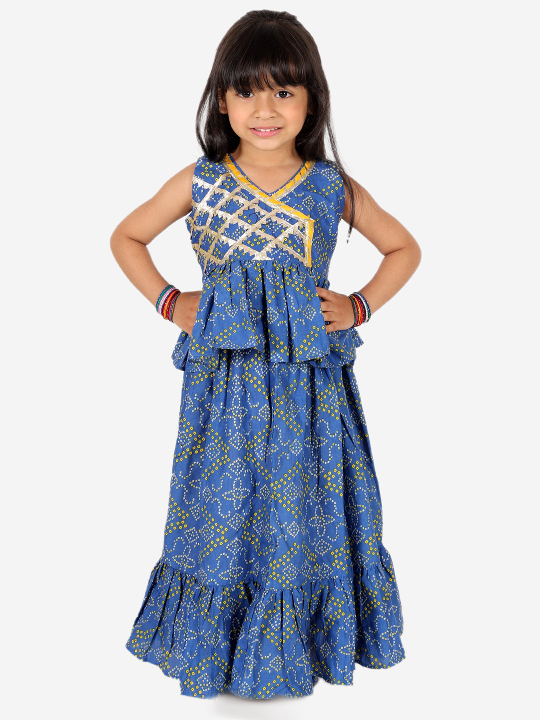 BownBee Pure Cotton Ethnic Bandhani Print Sleeveless Frill Lehenga Choli for Girls- Blue