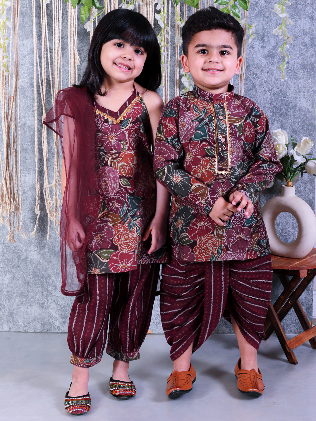 BownBee Sibling Set Pure Cotton Printed Halter Neck Kurti with Harem Pants & Dupatta and Pure Cotton Printed Full Sleeve Kurta Dhoti for Boys- Purple