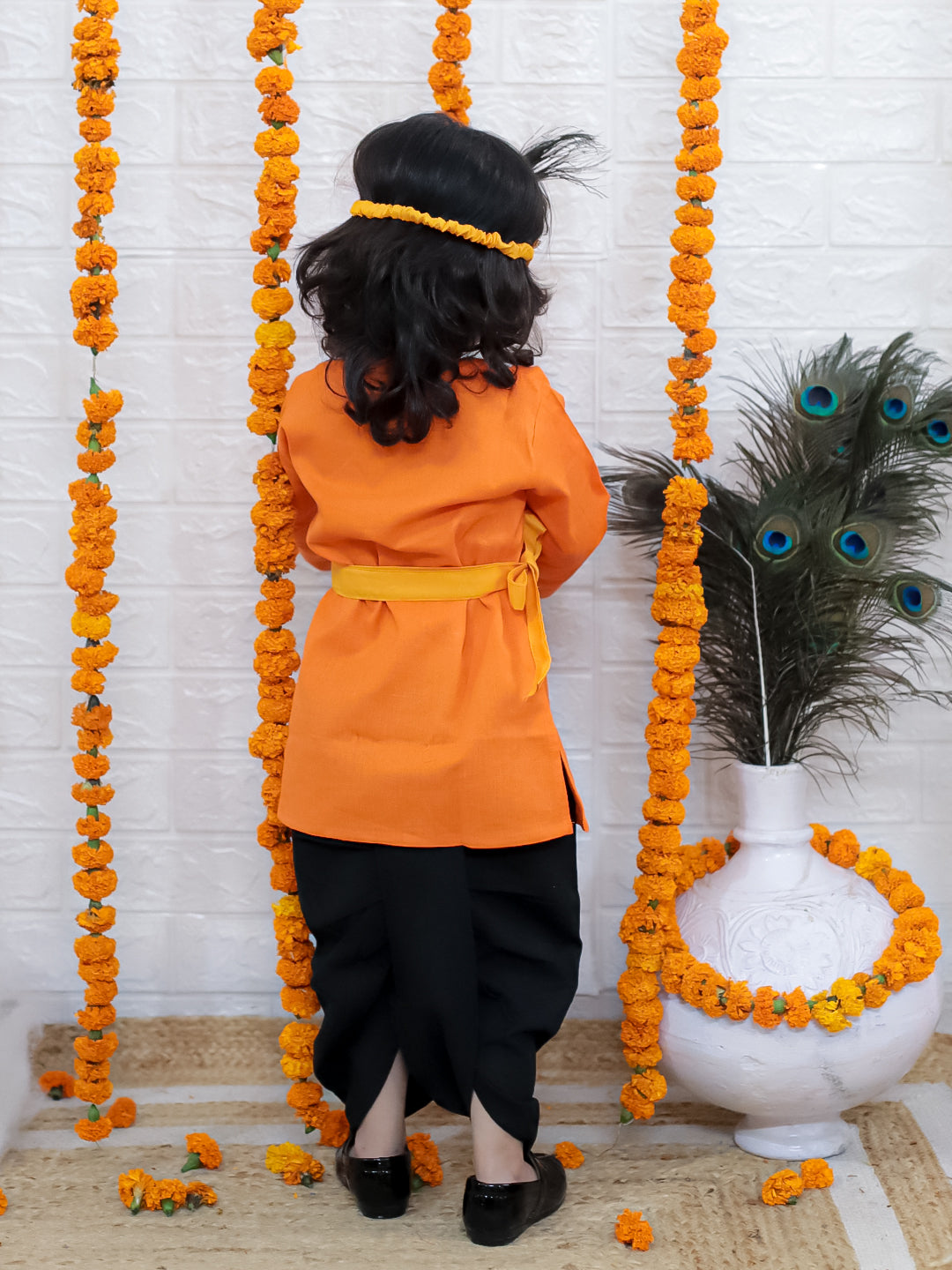 BownBee Cotton Full Sleeve Kurta Dhoti with Mukut Belt and Bansuri Kanhaiya Set For Janmashtami- Orange