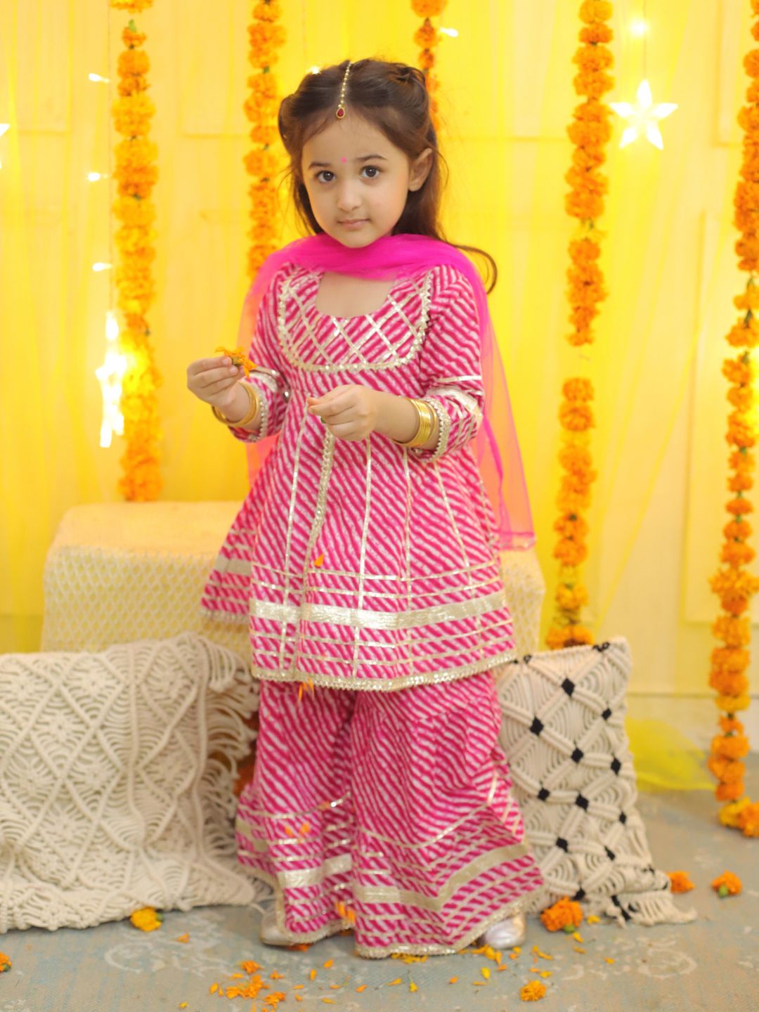 BownBee Pure Cotton Printed Kurta Sharara with Dupatta for Girls- Pink