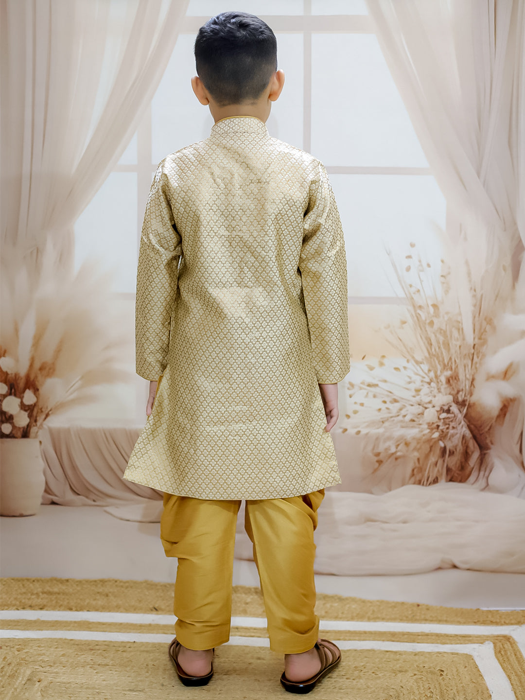 BownBee Jacquard Full Sleeve Sherwani with Salwar for Boys- Off White