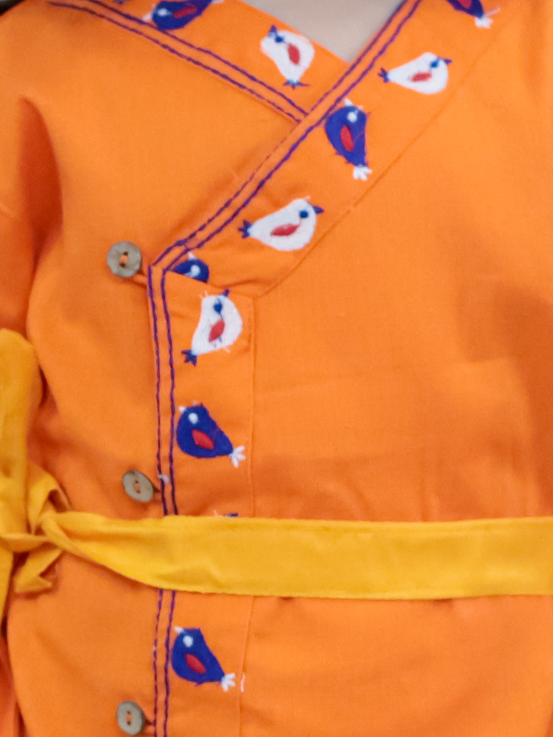 BownBee Cotton Full Sleeve Kurta Dhoti with Mukut Belt and Bansuri Kanhaiya Set For Janmashtami- Orange