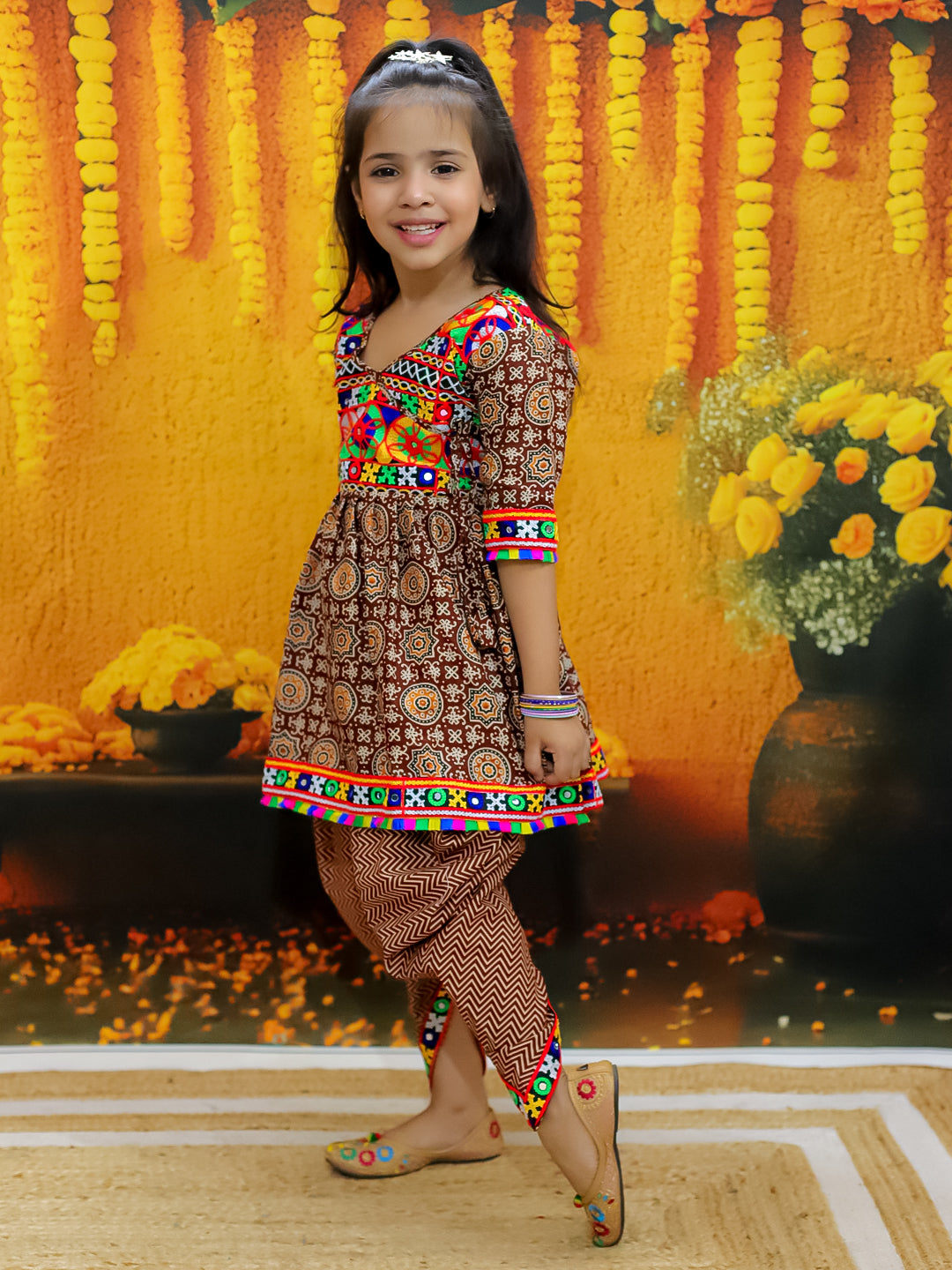 BownBee  Embroidered Printed Cotton Top with Cotton Dhoti for Girls- Maroon