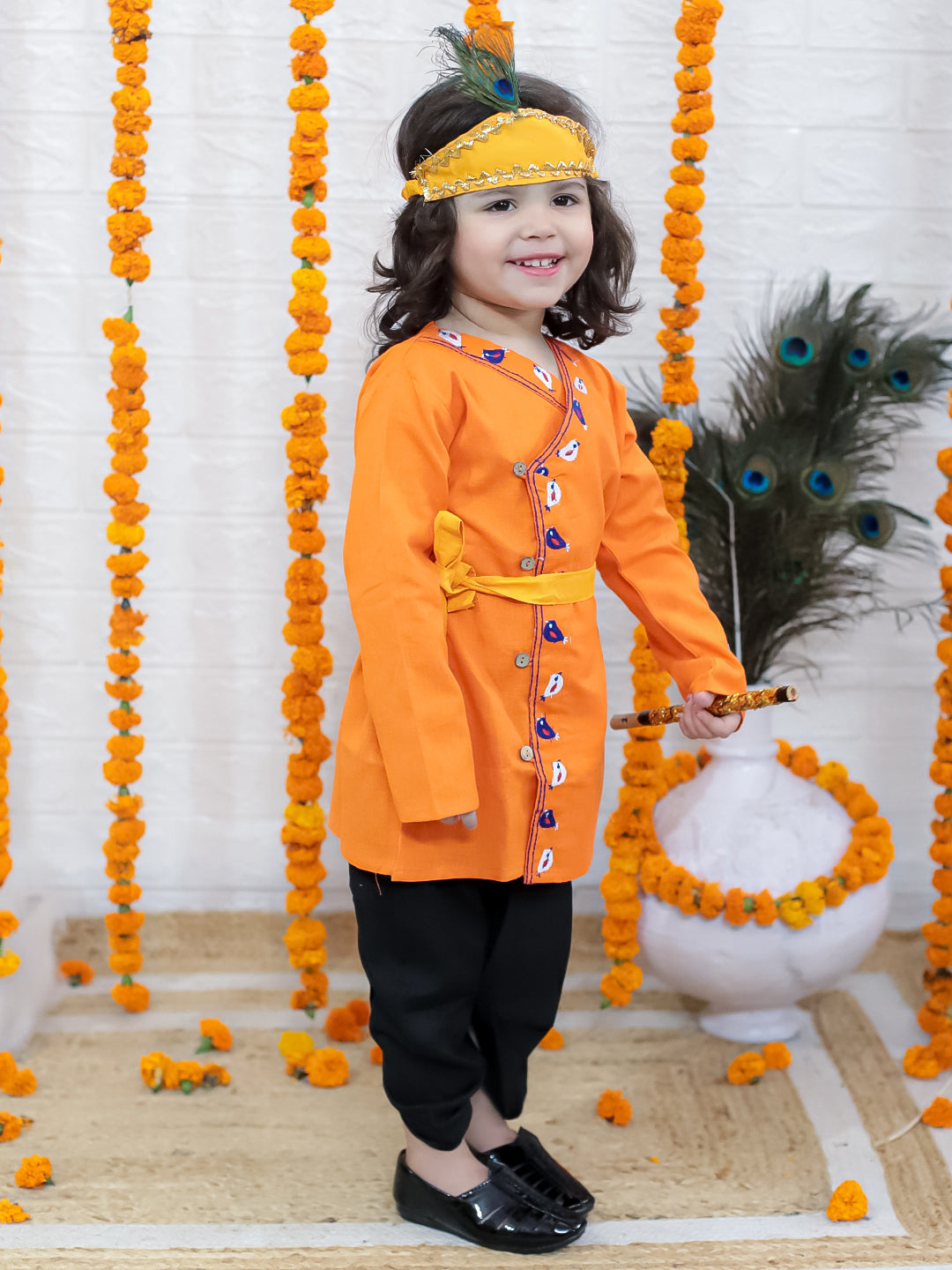 BownBee Cotton Full Sleeve Kurta Dhoti with Mukut Belt and Bansuri Kanhaiya Set For Janmashtami- Orange