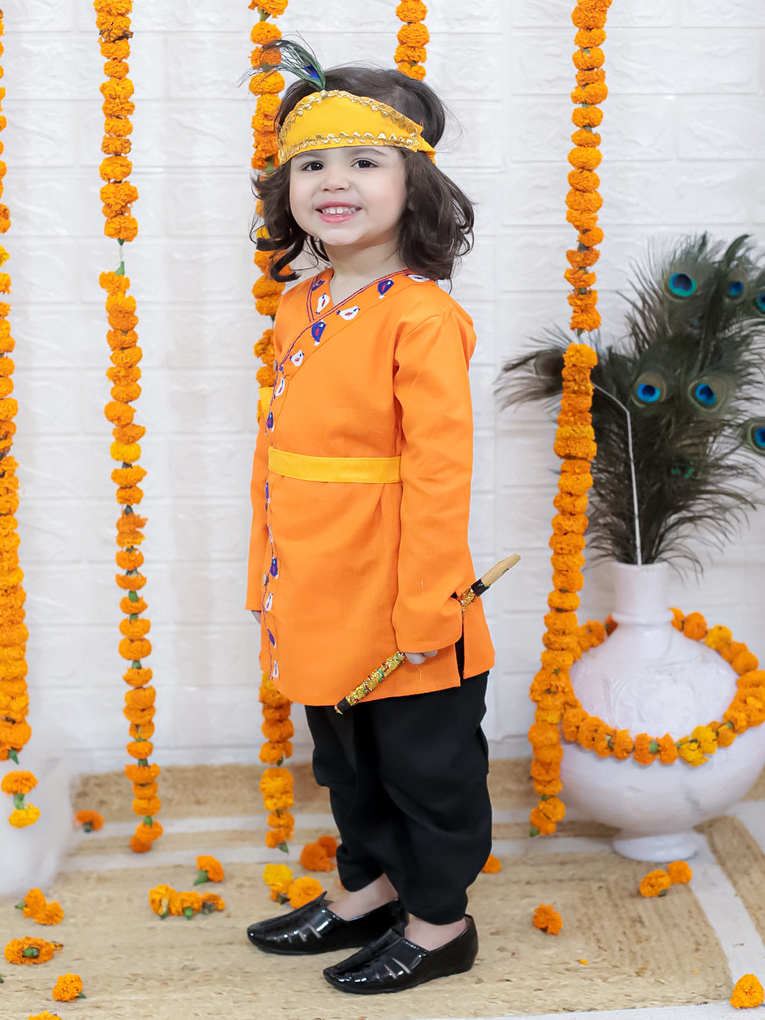 BownBee Cotton Full Sleeve Kurta Dhoti with Mukut Belt and Bansuri Kanhaiya Set For Janmashtami- Orange