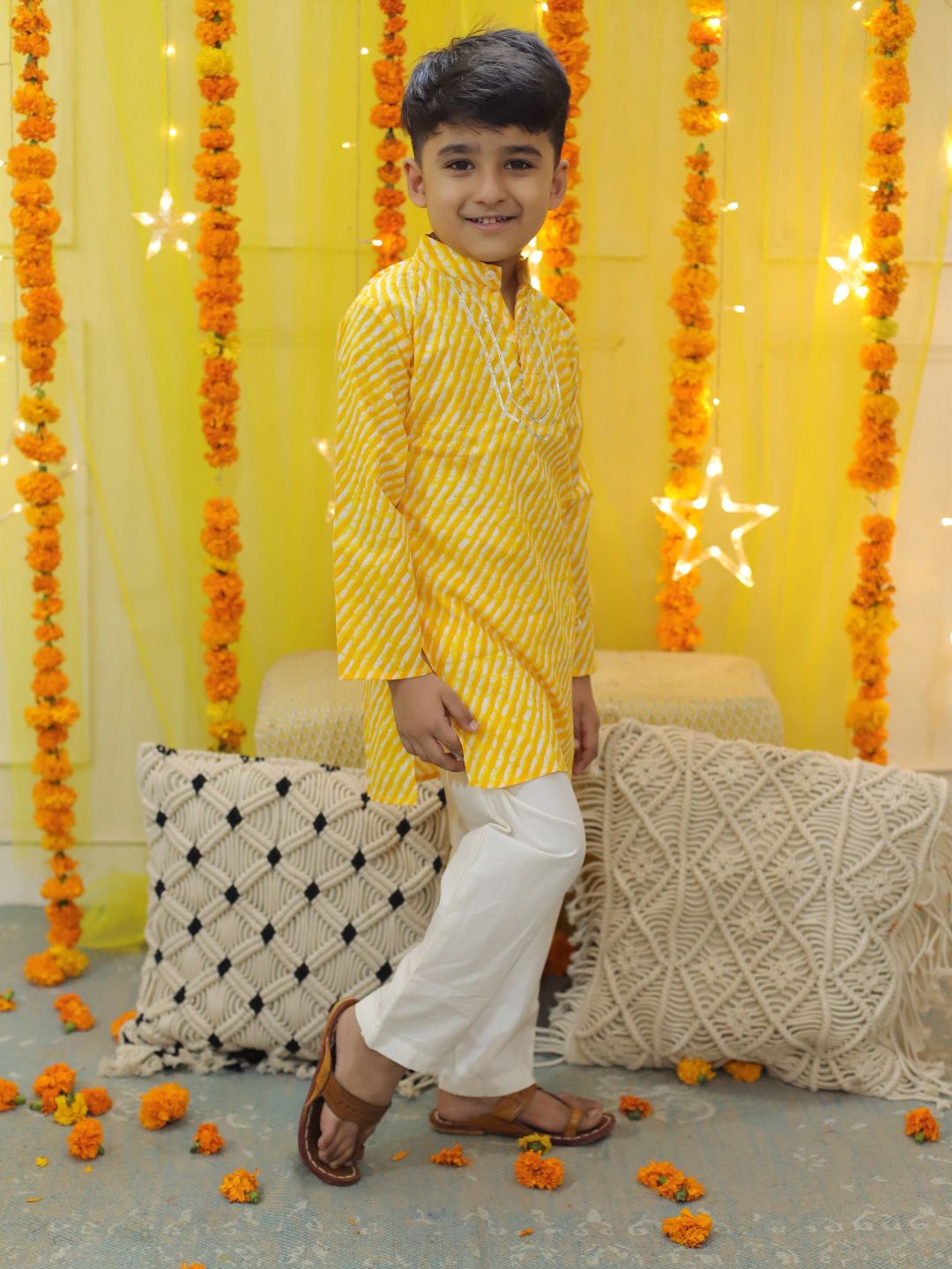 BownBee Pure Cotton Printed Leheriya Kurta Pajama for Boys- Yellow