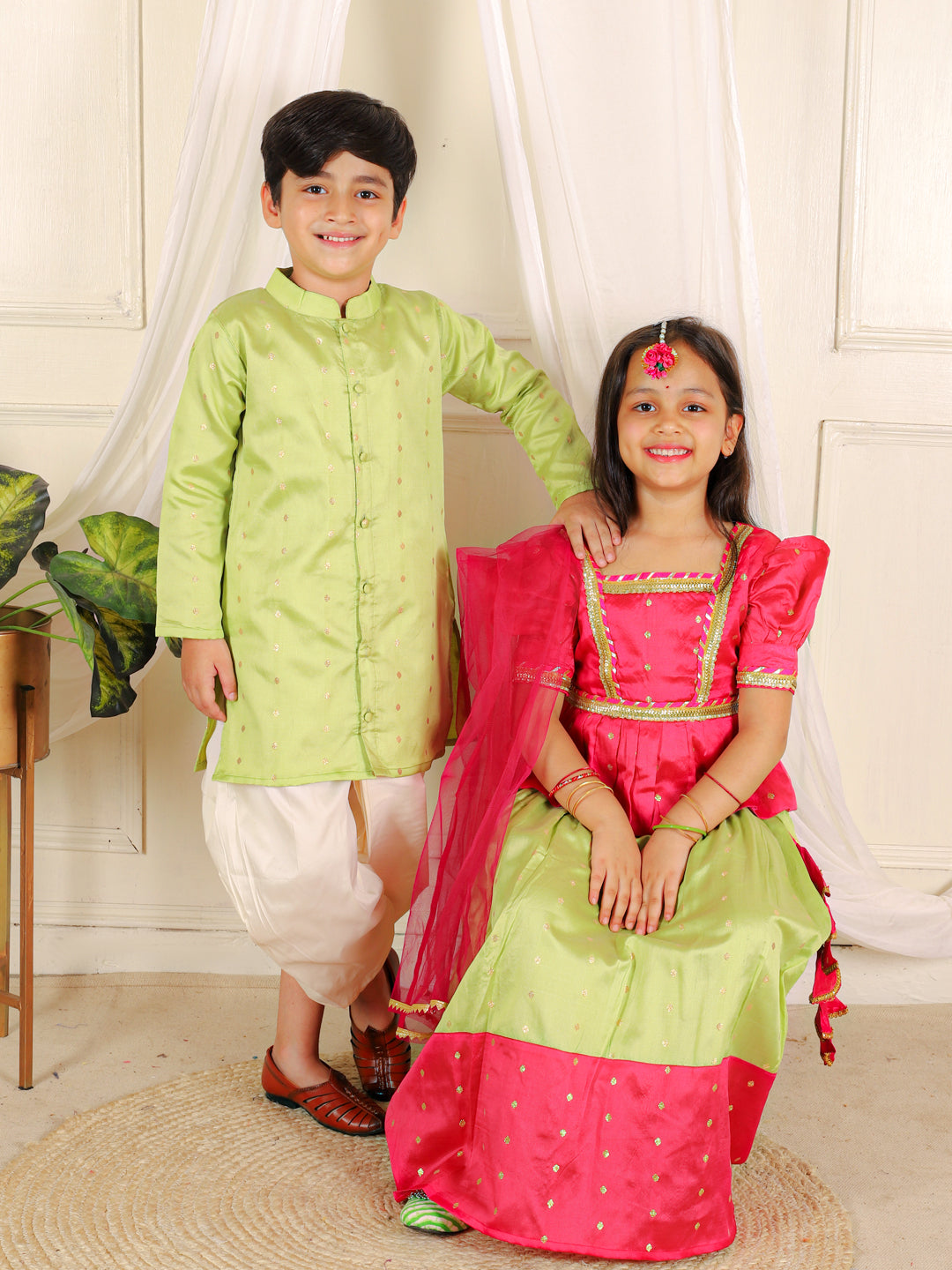 BownBee Puff Sleeve Pink Top Lehenga with Dupatta for Girls and Full Sleeve Festive Dhoti Kurta for Boys- Green