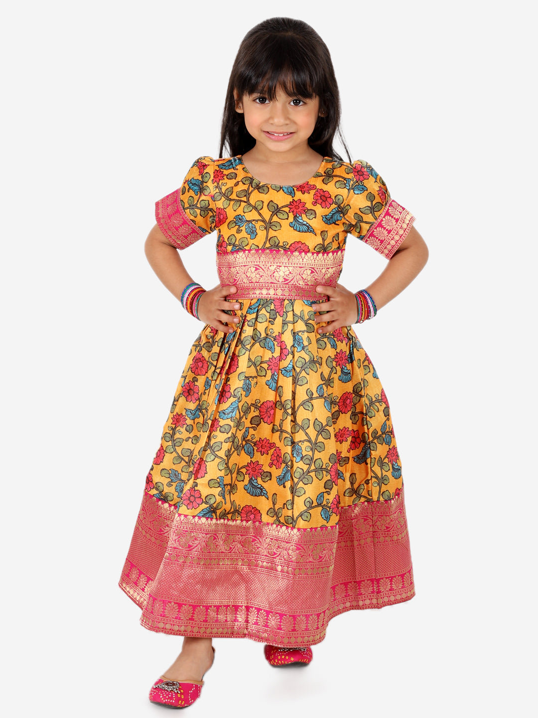 BownBee Kalamkari Print Party Dress Gown for Girls and Printed Jacket with Kurta Pajama for Boys- Yellow