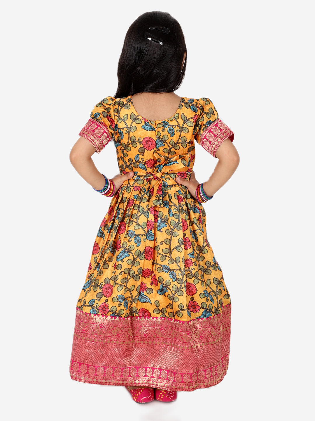 BownBee Kalamkari Print Party Dress Gown for Girls- Yellow