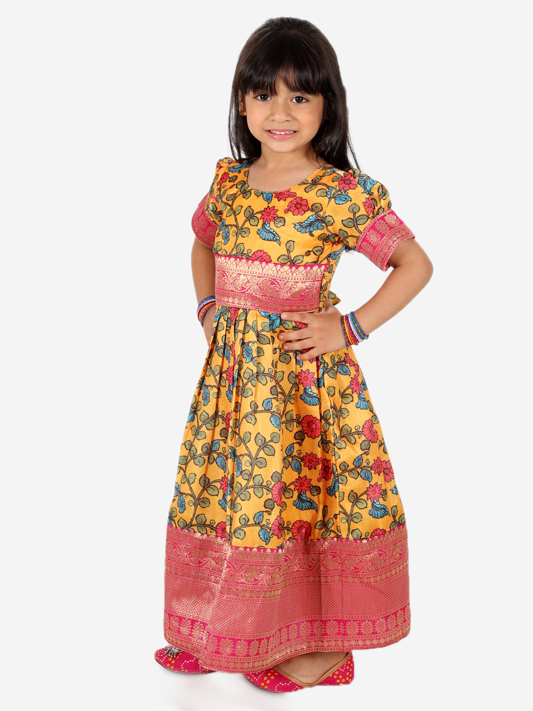 BownBee Kalamkari Print Party Dress Gown for Girls and Printed Jacket with Kurta Pajama for Boys- Yellow